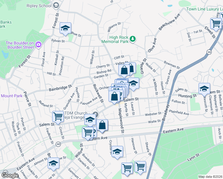 map of restaurants, bars, coffee shops, grocery stores, and more near 42 Orchard Street in Malden