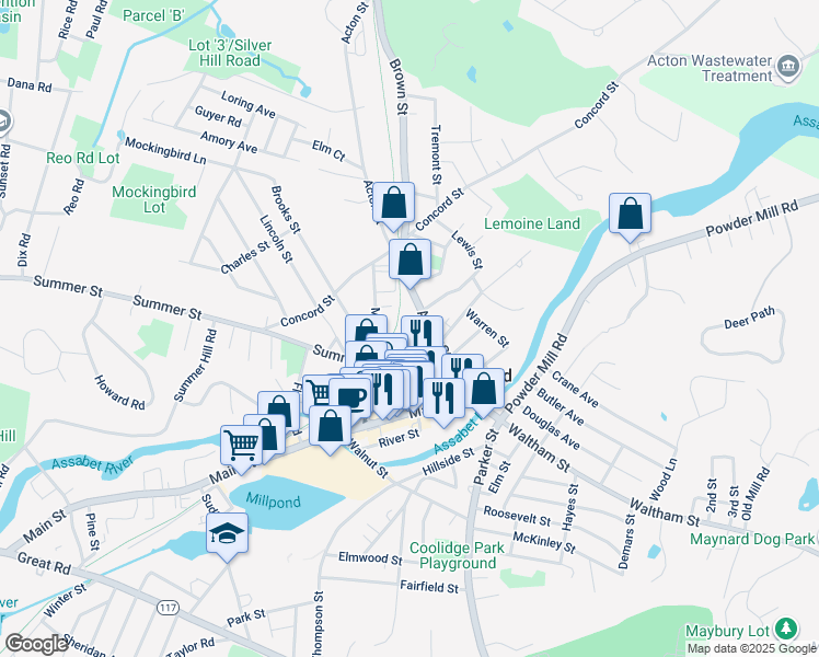map of restaurants, bars, coffee shops, grocery stores, and more near 82 Nason Street in Maynard