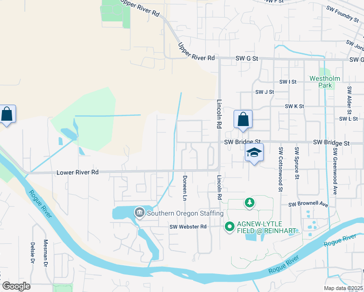 map of restaurants, bars, coffee shops, grocery stores, and more near 2239 Southwest Bridge Street in Grants Pass