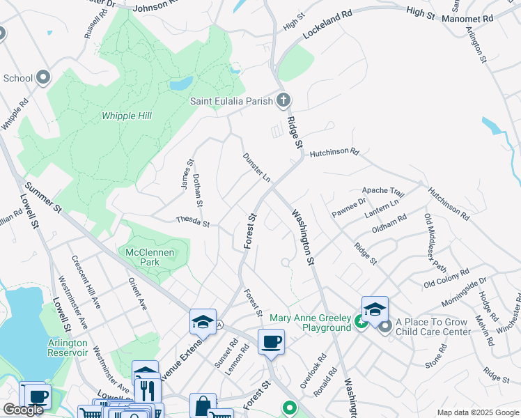 map of restaurants, bars, coffee shops, grocery stores, and more near 315 Forest Street in Arlington