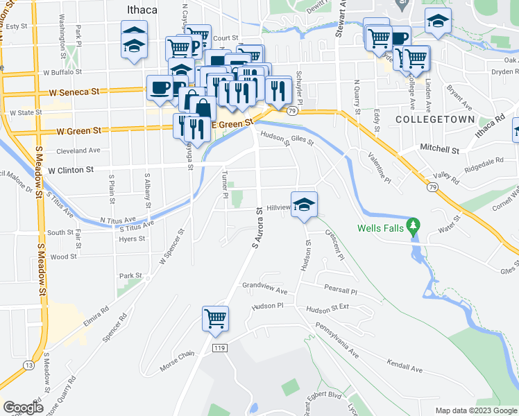 map of restaurants, bars, coffee shops, grocery stores, and more near South Aurora Street in Ithaca