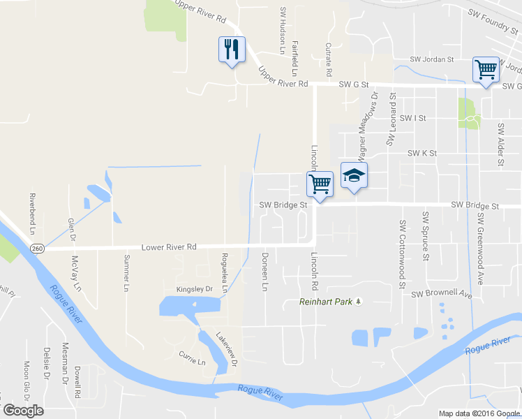 map of restaurants, bars, coffee shops, grocery stores, and more near 2239 Southwest Bridge Street in Grants Pass