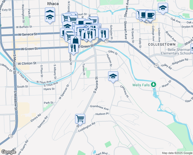 map of restaurants, bars, coffee shops, grocery stores, and more near South Aurora Street in Ithaca