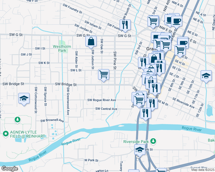 map of restaurants, bars, coffee shops, grocery stores, and more near 727 Southwest Bridge Street in Grants Pass