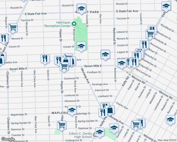 map of restaurants, bars, coffee shops, grocery stores, and more near 15559 Fordham Street in Detroit