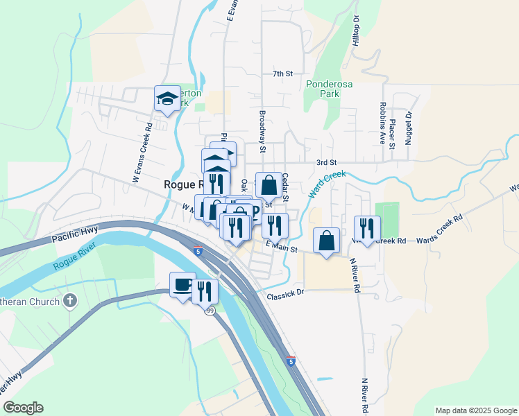 map of restaurants, bars, coffee shops, grocery stores, and more near 143 Broadway Street in Rogue River