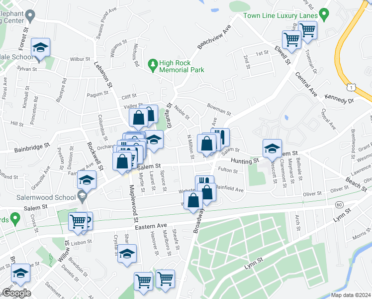 map of restaurants, bars, coffee shops, grocery stores, and more near 33 Dodge Street in Malden