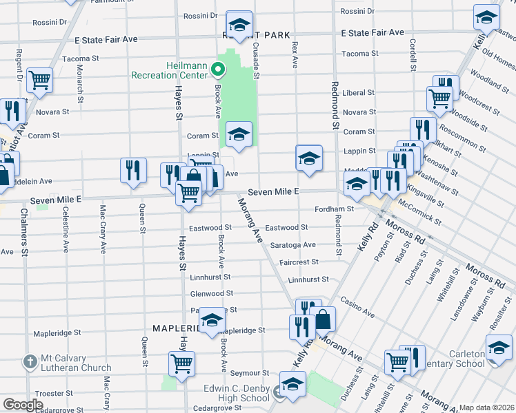 map of restaurants, bars, coffee shops, grocery stores, and more near 15551 Fordham Street in Detroit