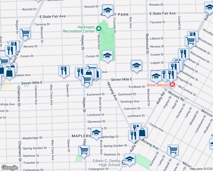 map of restaurants, bars, coffee shops, grocery stores, and more near 19015 Morang Avenue in Detroit
