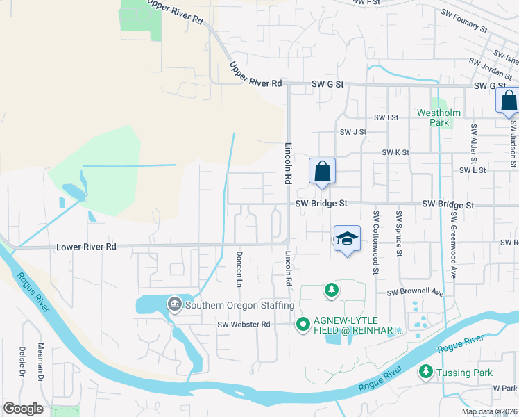 map of restaurants, bars, coffee shops, grocery stores, and more near 2153 Southwest Bridge Street in Grants Pass