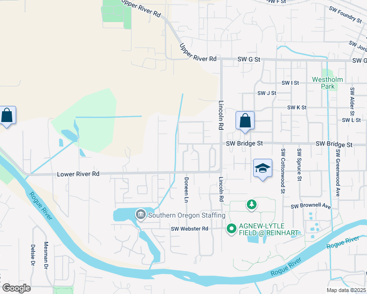 map of restaurants, bars, coffee shops, grocery stores, and more near 2239 Southwest Bridge Street in Grants Pass