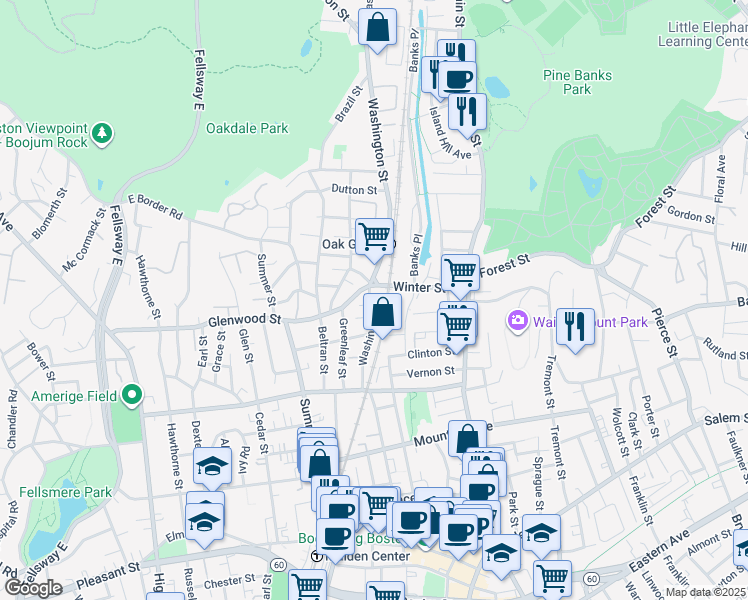 map of restaurants, bars, coffee shops, grocery stores, and more near 235 Washington Street in Malden