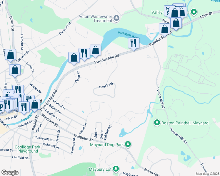 map of restaurants, bars, coffee shops, grocery stores, and more near 24 Deer Path in Maynard