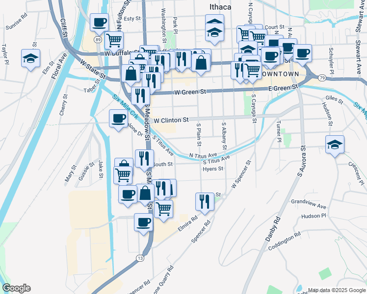 map of restaurants, bars, coffee shops, grocery stores, and more near 414 North Titus Avenue in Ithaca