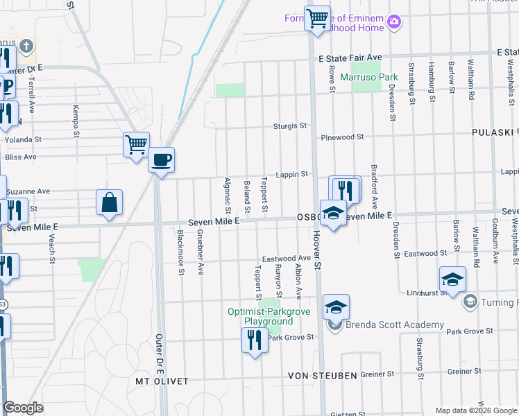map of restaurants, bars, coffee shops, grocery stores, and more near in Detroit