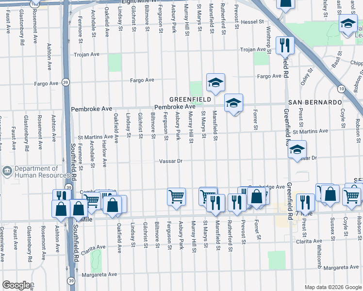 map of restaurants, bars, coffee shops, grocery stores, and more near 19474 Asbury Park in Detroit
