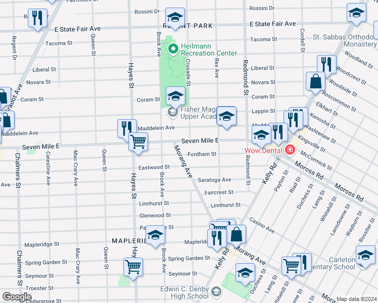 map of restaurants, bars, coffee shops, grocery stores, and more near 15551 Fordham Street in Detroit