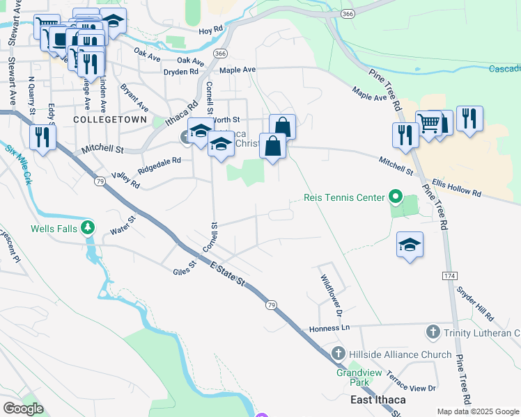 map of restaurants, bars, coffee shops, grocery stores, and more near 105 Homestead Terrace in Ithaca