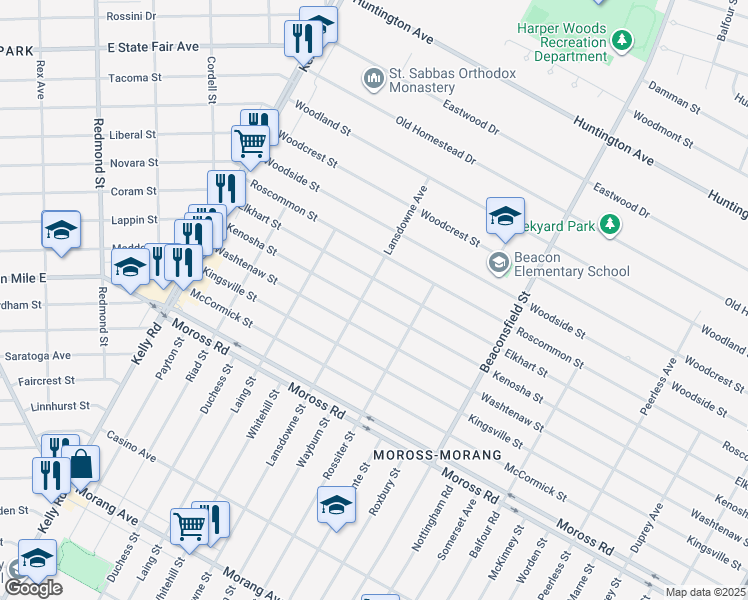 map of restaurants, bars, coffee shops, grocery stores, and more near 19121 Kenosha Street in Harper Woods