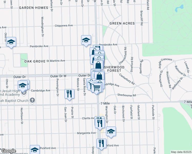 map of restaurants, bars, coffee shops, grocery stores, and more near 19385 Livernois in Detroit