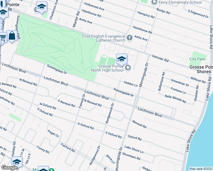map of restaurants, bars, coffee shops, grocery stores, and more near 880 Sunningdale Drive in Grosse Pointe Woods