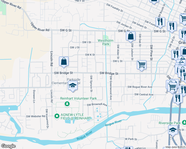 map of restaurants, bars, coffee shops, grocery stores, and more near 1467 Southwest Bridge Street in Grants Pass