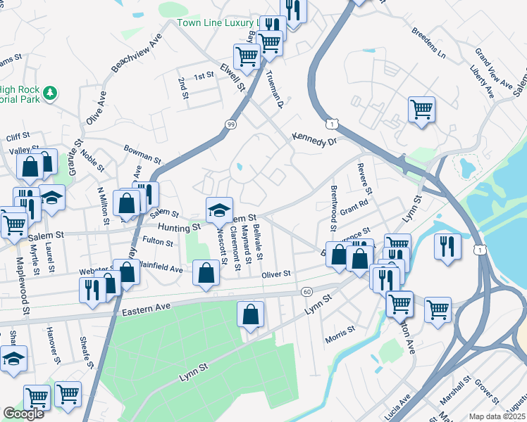 map of restaurants, bars, coffee shops, grocery stores, and more near 1156 Salem Street in Malden