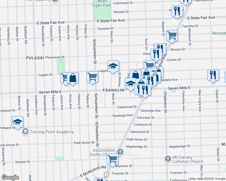 map of restaurants, bars, coffee shops, grocery stores, and more near 13800 Seven Mile East in Detroit