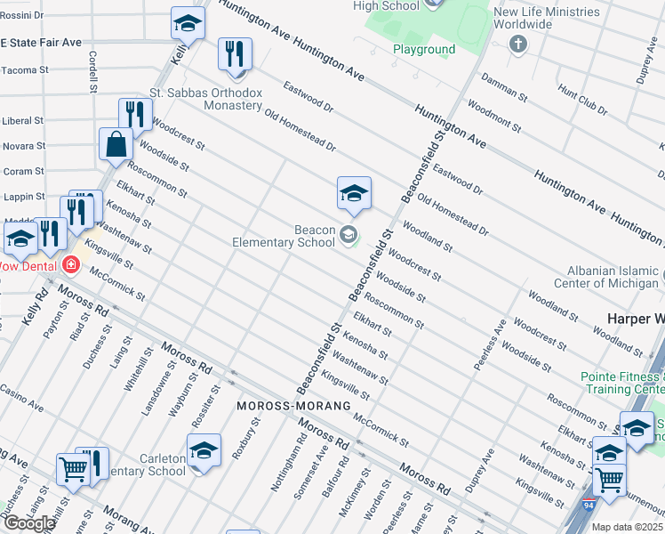 map of restaurants, bars, coffee shops, grocery stores, and more near 19405 Roscommon Street in Harper Woods