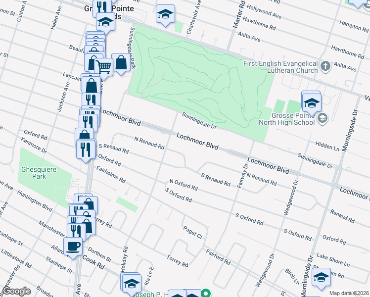 map of restaurants, bars, coffee shops, grocery stores, and more near 1340 North Renaud Road in Grosse Pointe Woods