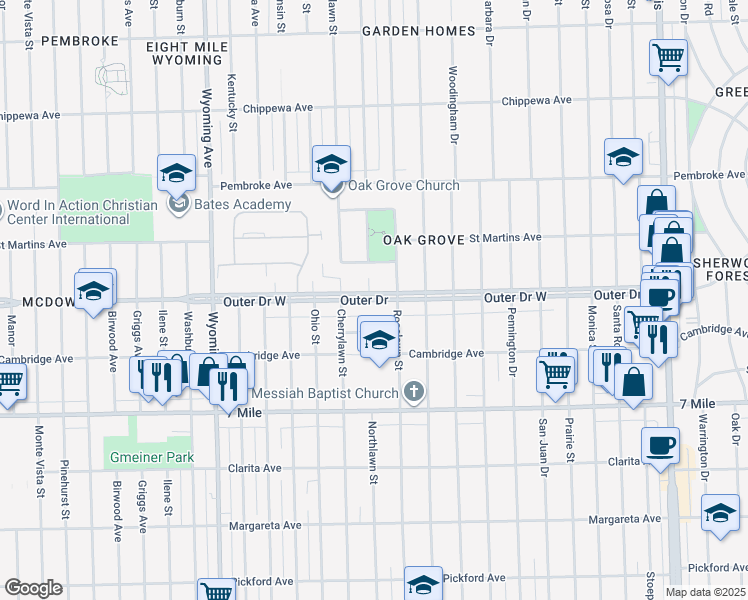 map of restaurants, bars, coffee shops, grocery stores, and more near in Detroit