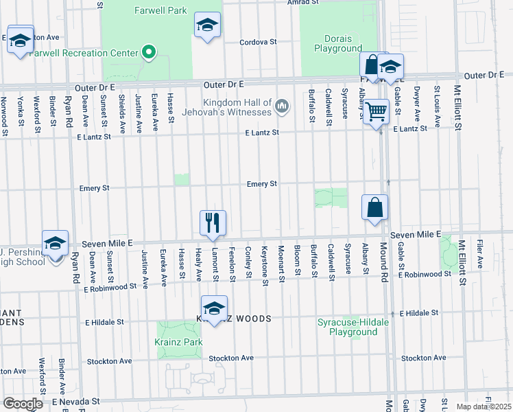 map of restaurants, bars, coffee shops, grocery stores, and more near 19207 Keystone Street in Detroit