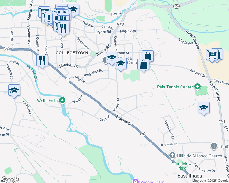 map of restaurants, bars, coffee shops, grocery stores, and more near 36 Cornell St in Ithaca