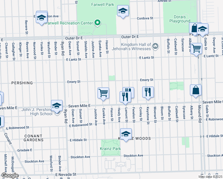 map of restaurants, bars, coffee shops, grocery stores, and more near 19208 Hasse St in Detroit