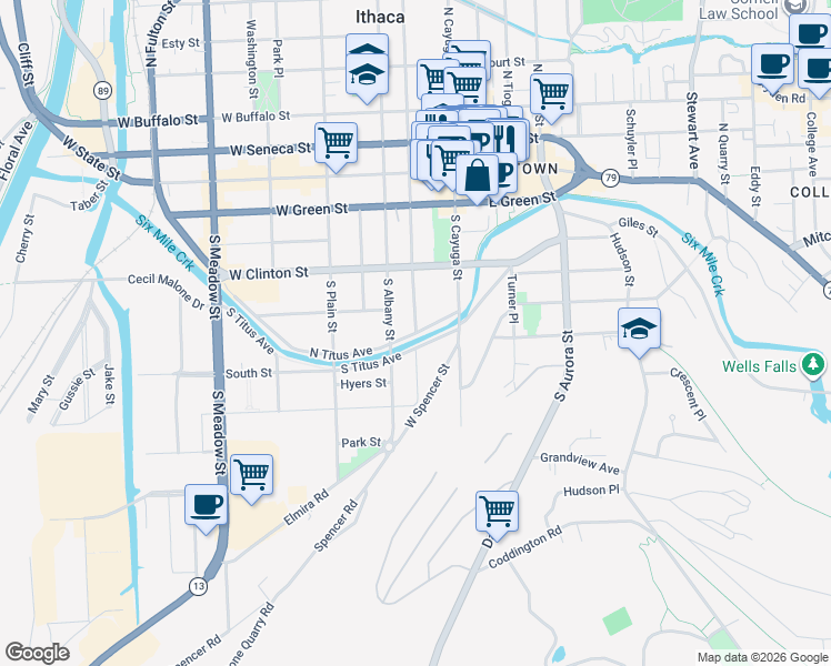 map of restaurants, bars, coffee shops, grocery stores, and more near North Titus Avenue & South Geneva Street in Ithaca