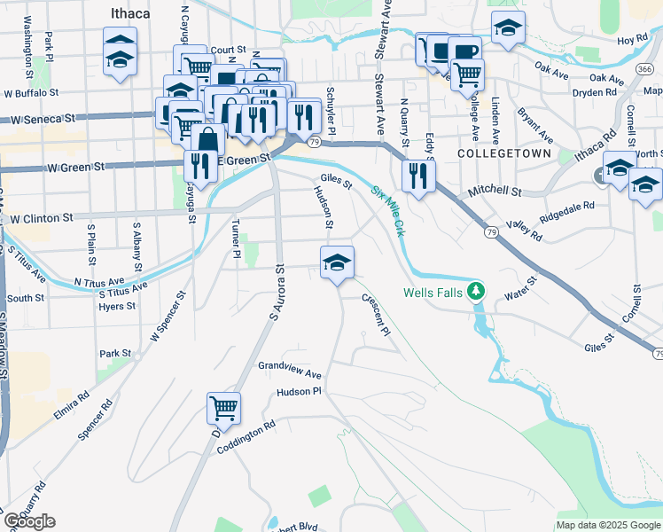 map of restaurants, bars, coffee shops, grocery stores, and more near 520 Hudson Street in Ithaca