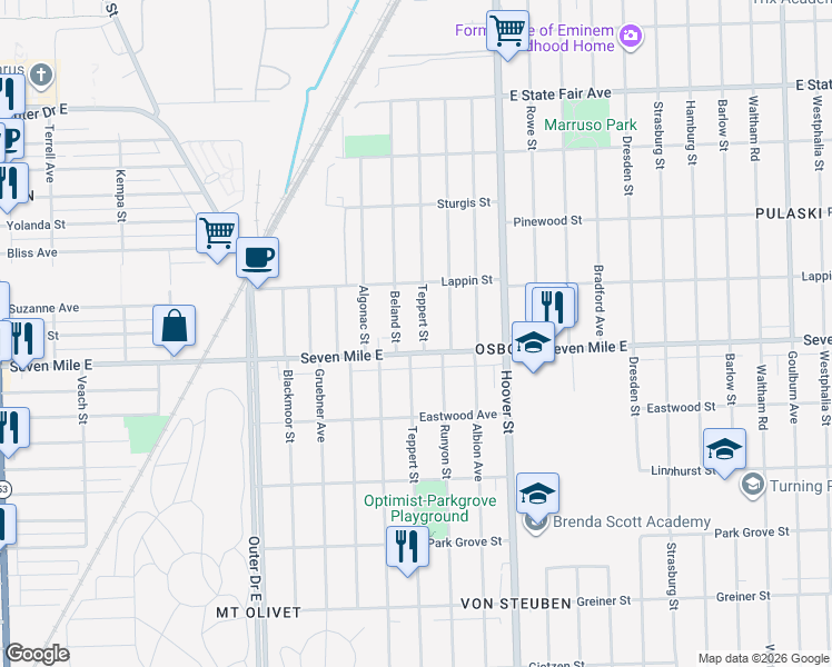 map of restaurants, bars, coffee shops, grocery stores, and more near in Detroit