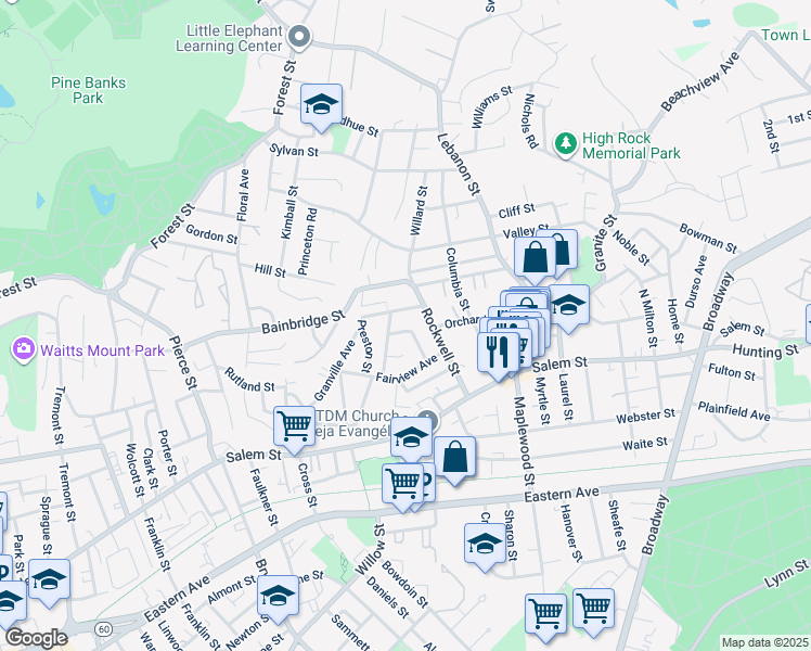 map of restaurants, bars, coffee shops, grocery stores, and more near 43 Mount Washington Avenue in Malden