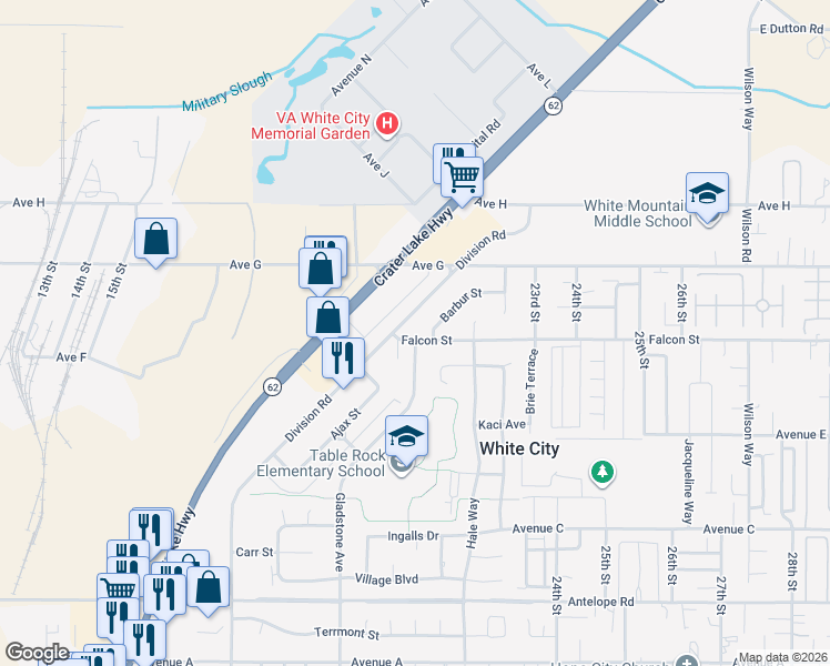 map of restaurants, bars, coffee shops, grocery stores, and more near 2383 Falcon St in White City