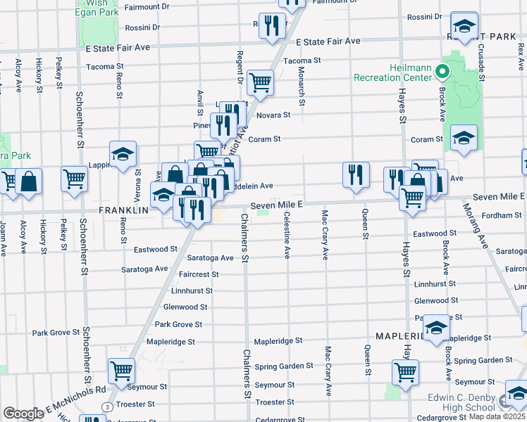 map of restaurants, bars, coffee shops, grocery stores, and more near 14460 Seven Mile East in Detroit