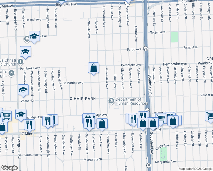 map of restaurants, bars, coffee shops, grocery stores, and more near 19501 Greenview Ave in Detroit