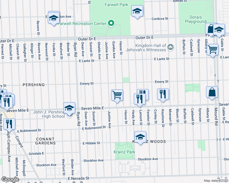 map of restaurants, bars, coffee shops, grocery stores, and more near 19215 Eureka Street in Detroit