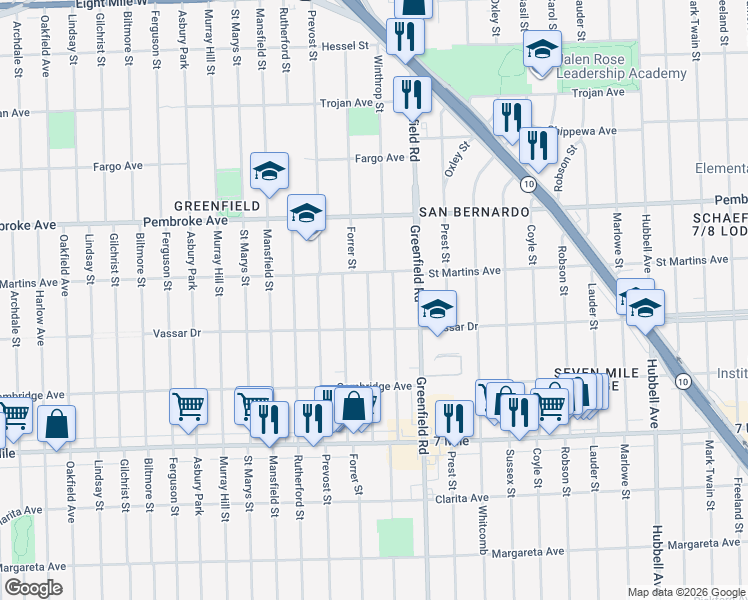 map of restaurants, bars, coffee shops, grocery stores, and more near 19464 Montrose Street in Detroit