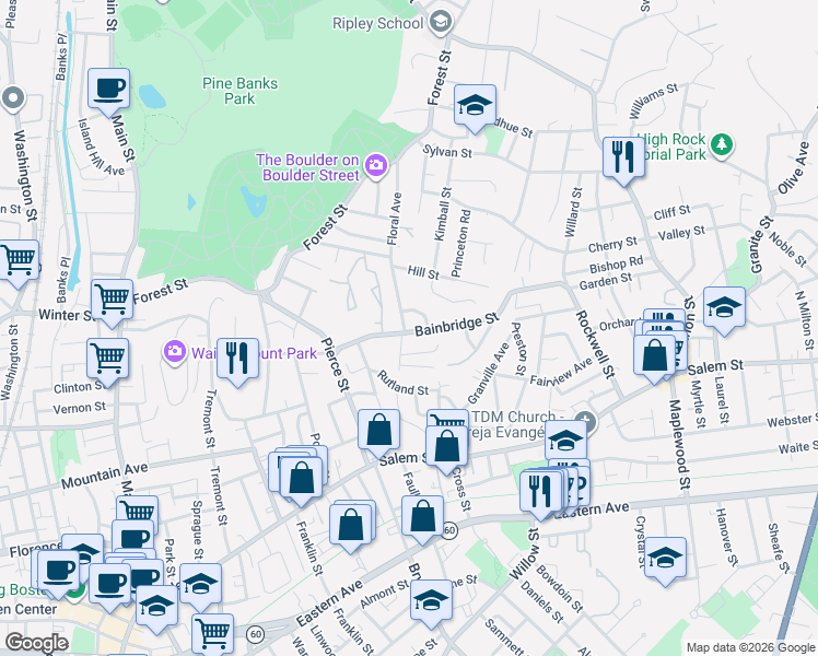 map of restaurants, bars, coffee shops, grocery stores, and more near 197 Bainbridge Street in Malden