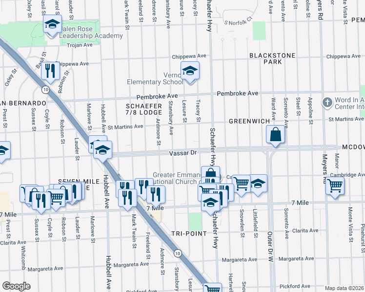 map of restaurants, bars, coffee shops, grocery stores, and more near 13814 Vassar Drive in Detroit