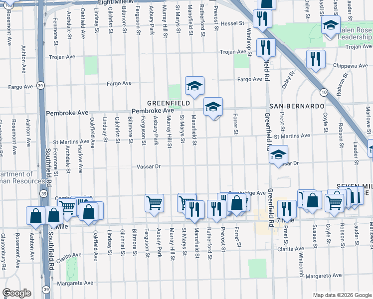 map of restaurants, bars, coffee shops, grocery stores, and more near 19481 Mansfield Street in Detroit
