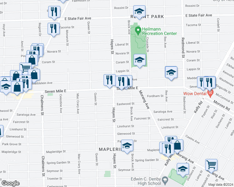 map of restaurants, bars, coffee shops, grocery stores, and more near 19018 Hayes St in Detroit