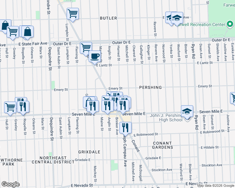 map of restaurants, bars, coffee shops, grocery stores, and more near 19264 Anglin Street in Detroit