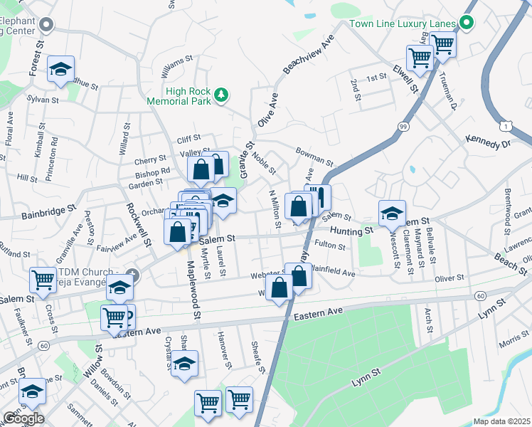 map of restaurants, bars, coffee shops, grocery stores, and more near 29 Dodge Street in Malden