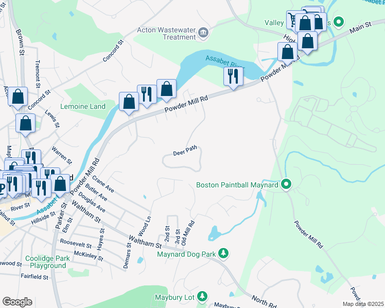 map of restaurants, bars, coffee shops, grocery stores, and more near 24 Deer Path in Maynard